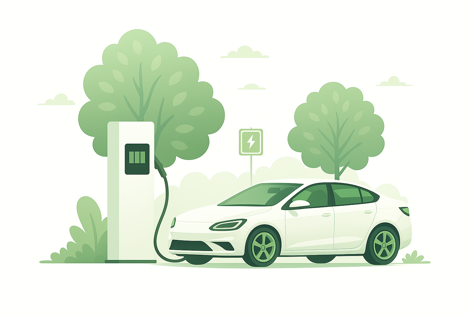 Electric vehicle connected to charging station in eco-friendly environment